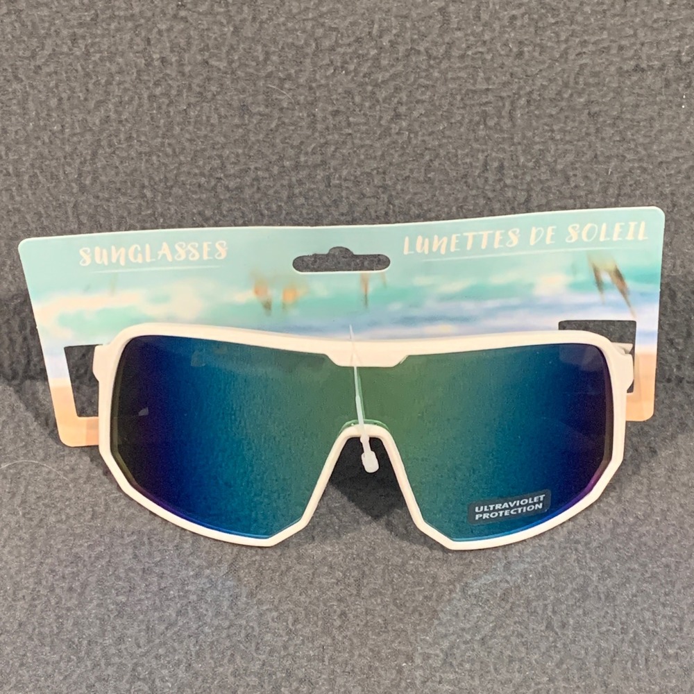 Greenbrier International White Shield Sunglasses Iridescent Blue Mirror Lens NEW